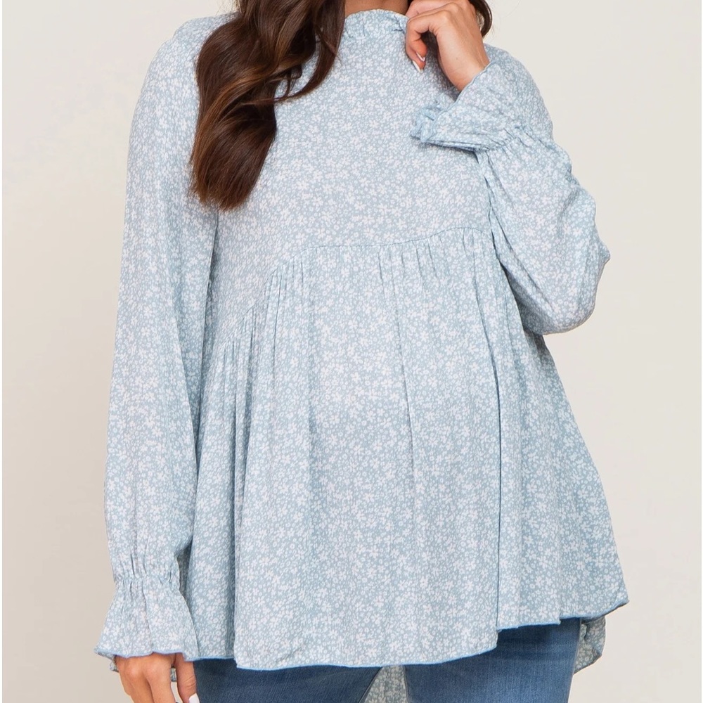 Pink Blush Maternity Ruffle Light Blue Flower Top